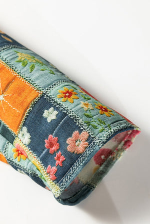 Sky Blue Checkered Floral Patchwork V Neck Blouse - Blouses - minbolu