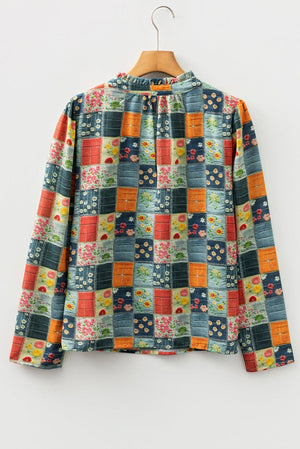 Sky Blue Checkered Floral Patchwork V Neck Blouse - Blouses - minbolu