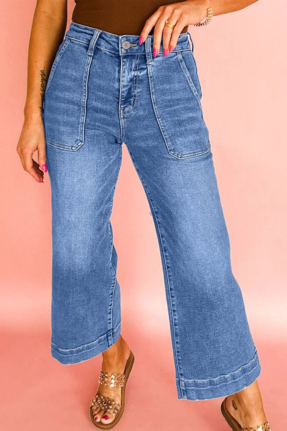 Sky Blue Cropped High Rise Wide Leg Jeans - Vintage Denim - minbolu