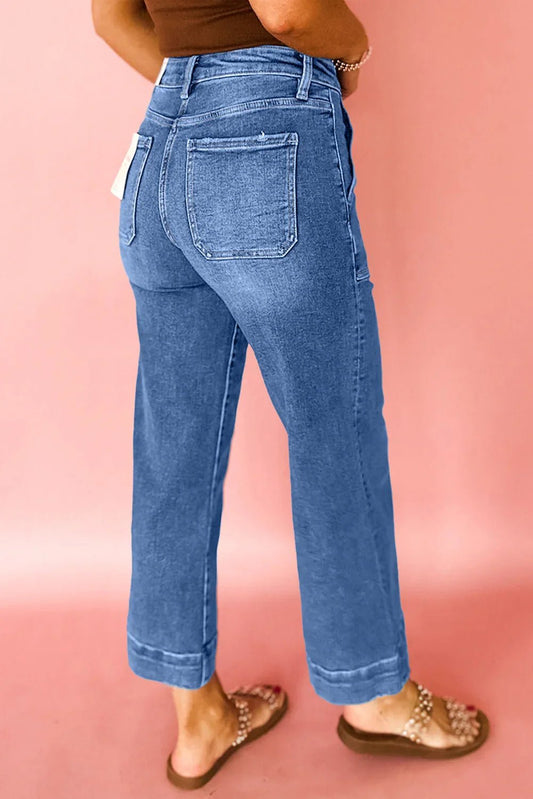 Sky Blue Cropped Wide Leg High-Rise Jeans - minbolu -