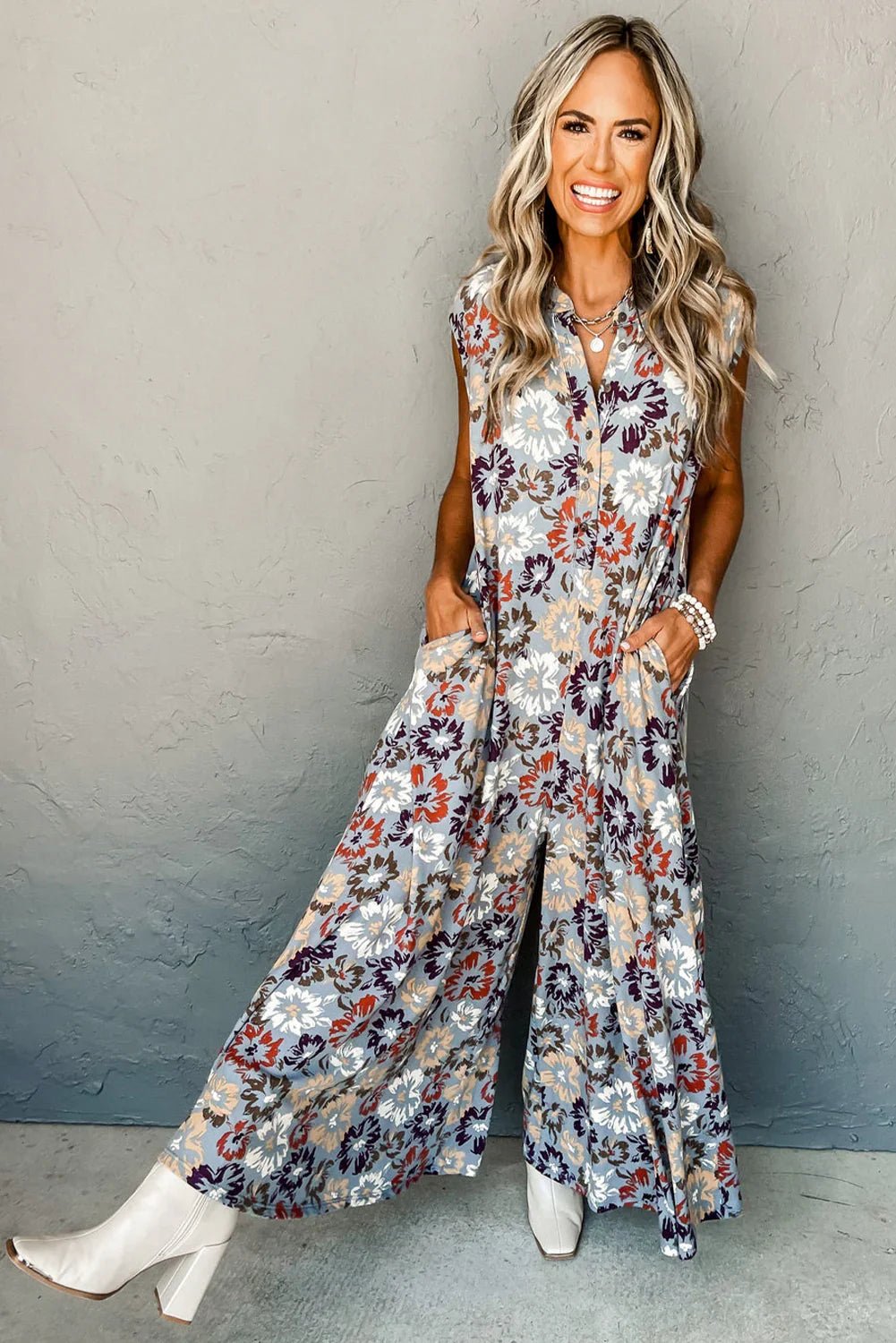 Sky Blue Floral Sleeveless Pocketed Wide Leg Jumpsuit - minbolu