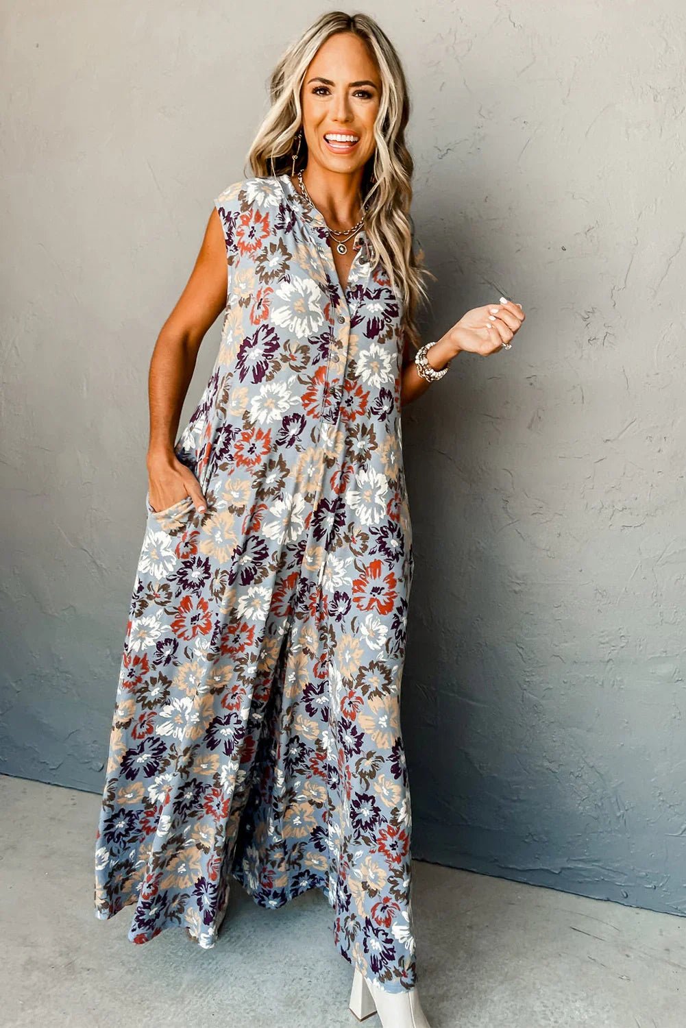 Sky Blue Floral Sleeveless Pocketed Wide Leg Jumpsuit - minbolu