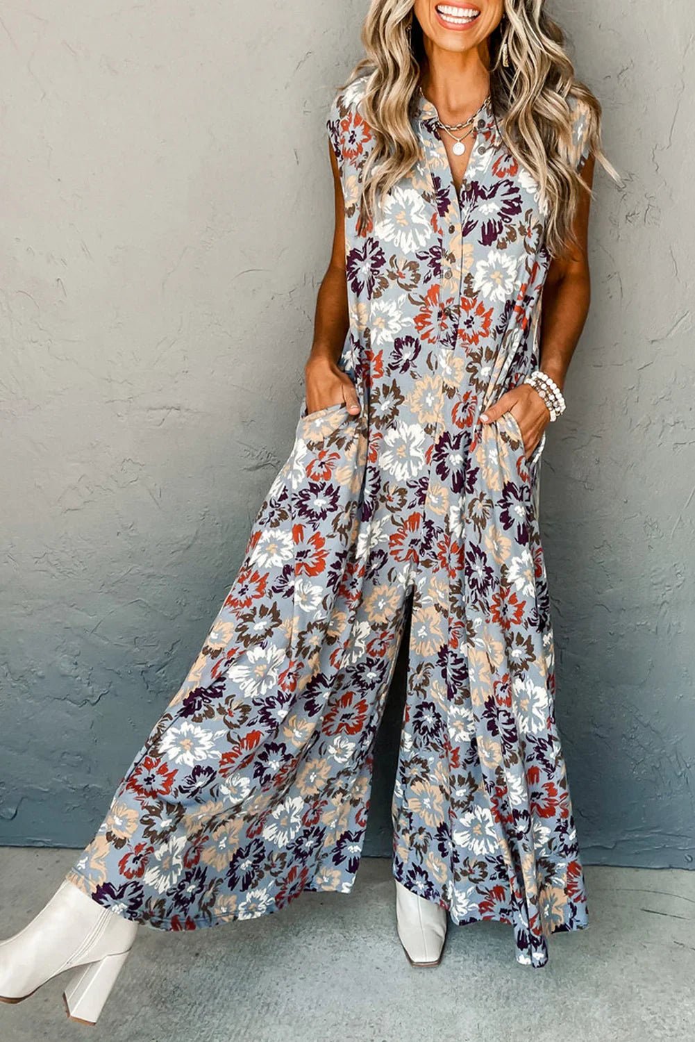 Sky Blue Floral Sleeveless Pocketed Wide Leg Jumpsuit - minbolu