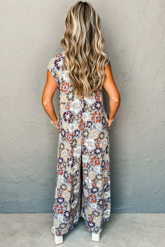 Sky Blue Floral Sleeveless Pocketed Wide Leg Jumpsuit - minbolu -