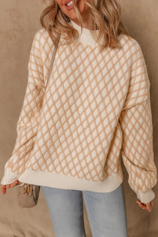 Smoke Gray Checkered Textured Knit Mock Neck Sweater - minbolu -