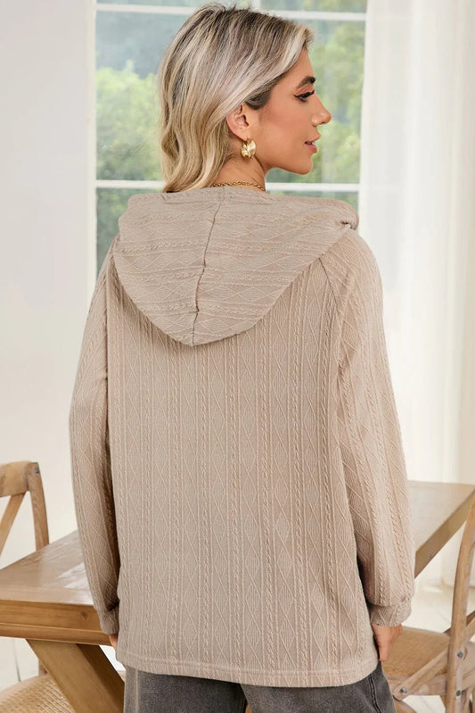 Smoke Gray Solid Color Textured Knit Drawstring Hoodie - minbolu -