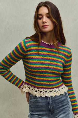 SO ME Mardi Gras Striped Cropped Knit Top with Crochet Edge - minbolu -