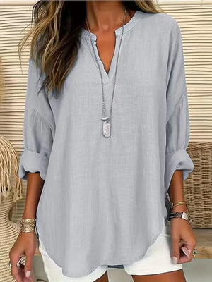 Solid Notched Long Sleeve Blouse – Lightweight and Polished - minbolu -
