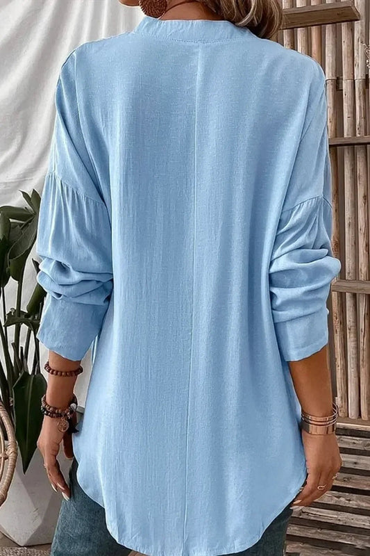 Solid Notched Long Sleeve Blouse – Lightweight and Polished - minbolu -