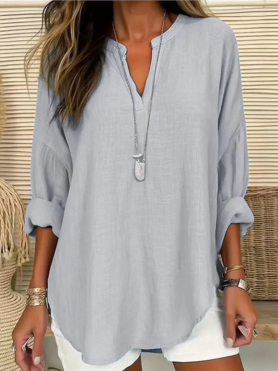 Solid Notched Long Sleeve Blouse – Lightweight and Polished - minbolu