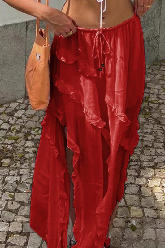 Solid Ruffle Drawstring Waist Asymmetry Hem Skirt - minbolu -