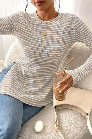 Striped Sheer Long Sleeve Top - Side Slit Round Neck Blouse - minbolu -