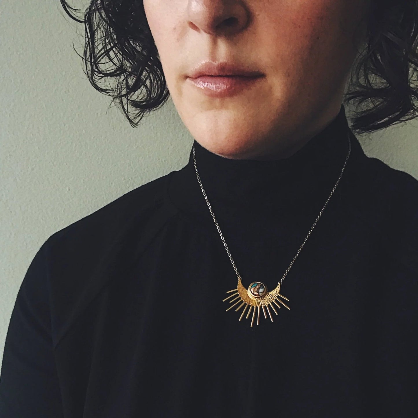 Sun Goddess Necklace - Sun Pendant with Copper Oyster Turquoise - minbolu