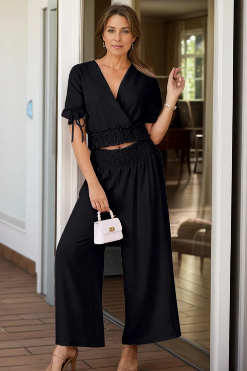 Surplice Short Sleeve Top and Pants Set - minbolu -