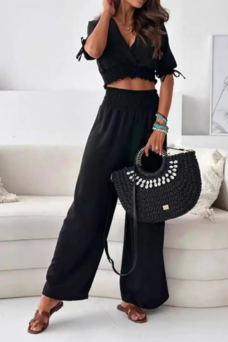Surplice Short Sleeve Top and Pants Set - minbolu -
