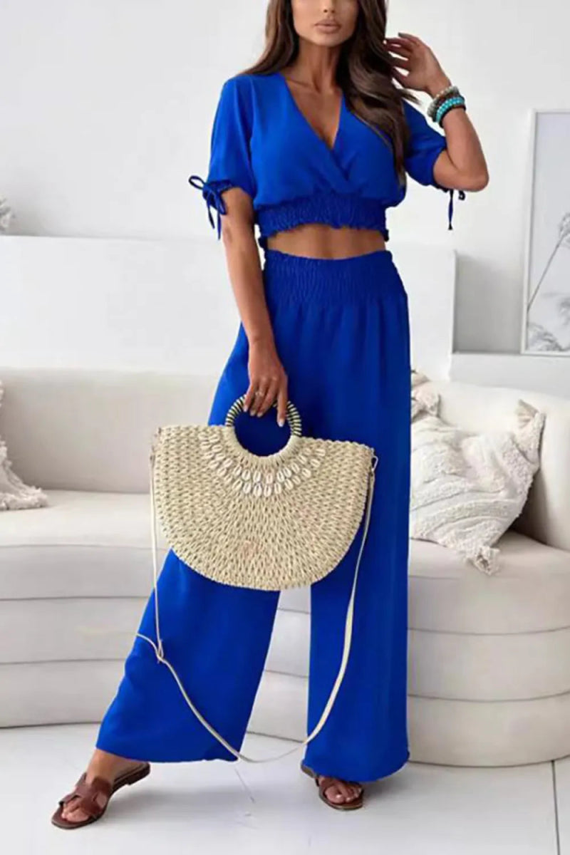 Surplice Short Sleeve Top and Pants Set - minbolu -