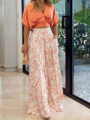 Surplice Top and High Waist Pants Set - Floral Two-Piece - minbolu -