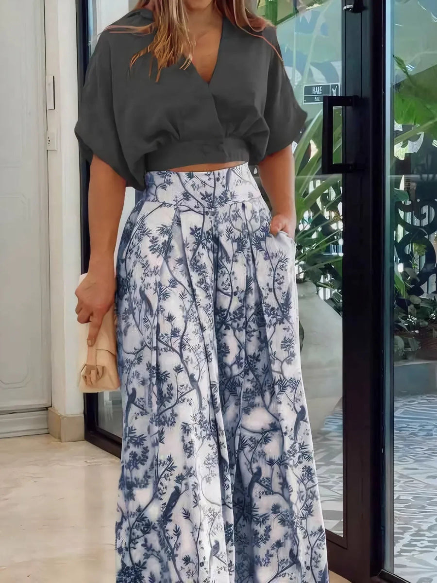 Surplice Top and High Waist Pants Set - minbolu -