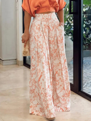 Surplice Top and High Waist Pants Set - Floral Two-Piece - minbolu -