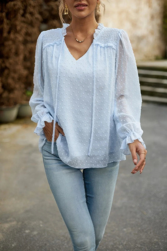 Swiss Dot Blouse - Off-Shoulder Ruched & Ruffle Hem Detail - minbolu -