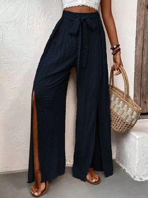 Tie Waist Wide Leg Pants with Slit: Dark Navy - minbolu -