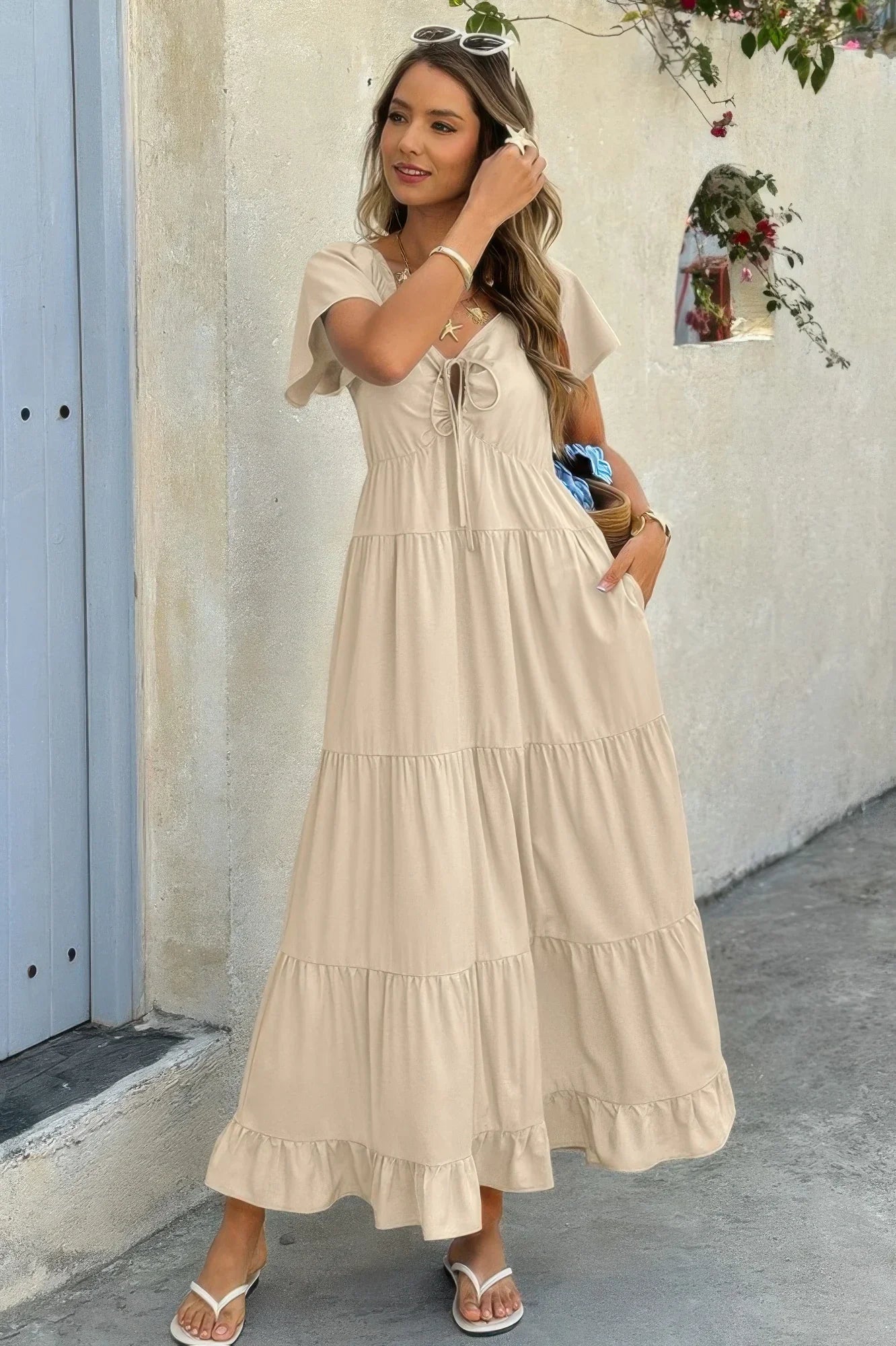 Tiered Maxi Dress - Cross Knot Color Block with Pockets - minbolu