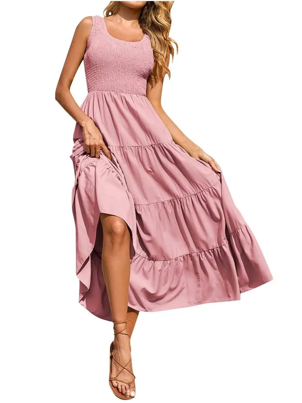 Tiered Maxi Dress - Smocked Polyester Wide Strap Style - minbolu