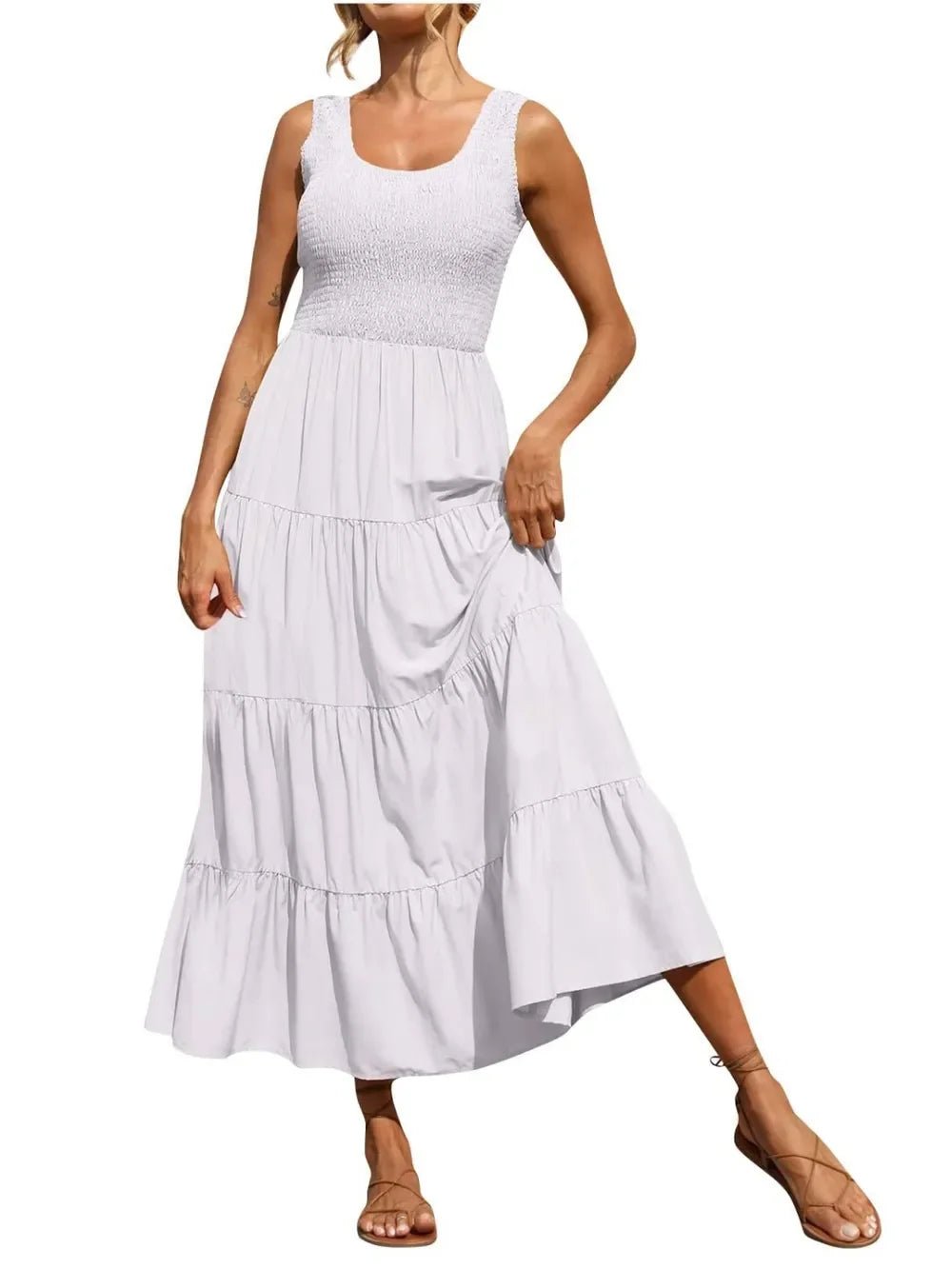 Tiered Maxi Dress - Smocked Polyester Wide Strap Style - minbolu