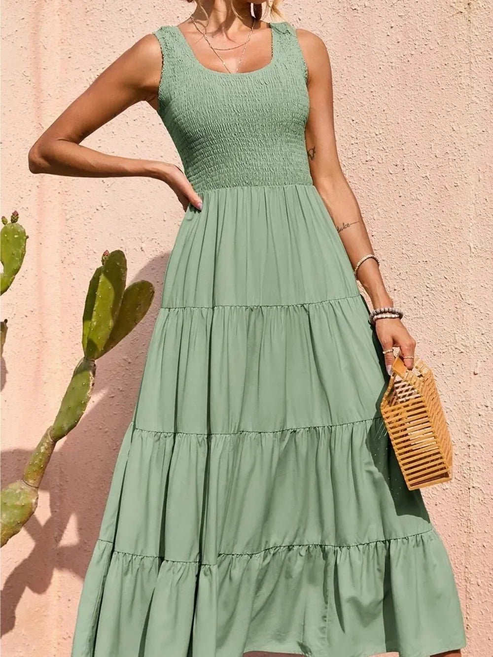 Tiered Maxi Dress - Smocked Polyester Wide Strap Style - minbolu