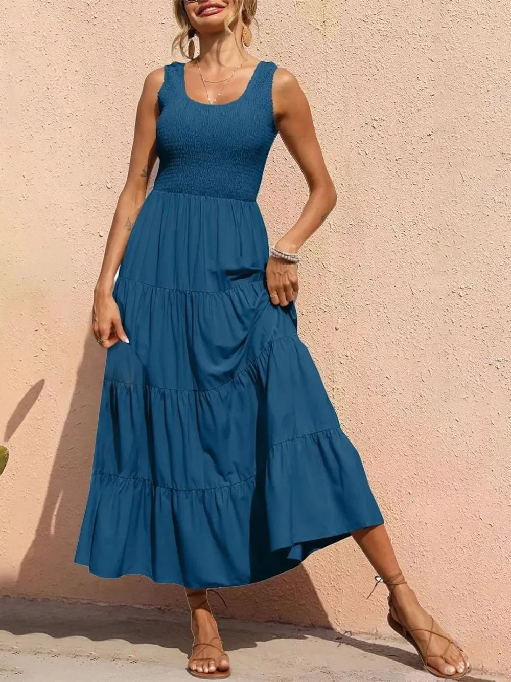 Tiered Maxi Dress - Smocked Polyester Wide Strap Style - minbolu