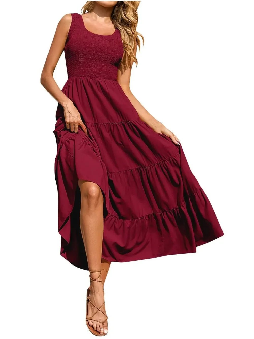 Tiered Maxi Dress - Smocked Polyester Wide Strap Style - minbolu