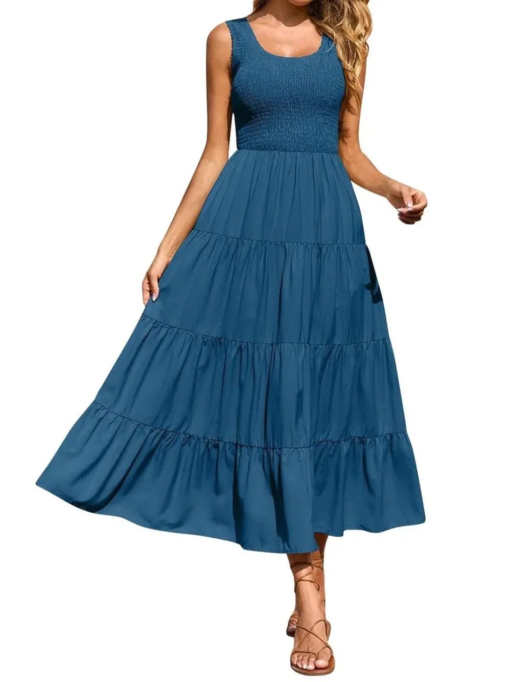 Tiered Maxi Dress - Smocked Polyester Wide Strap Style - minbolu