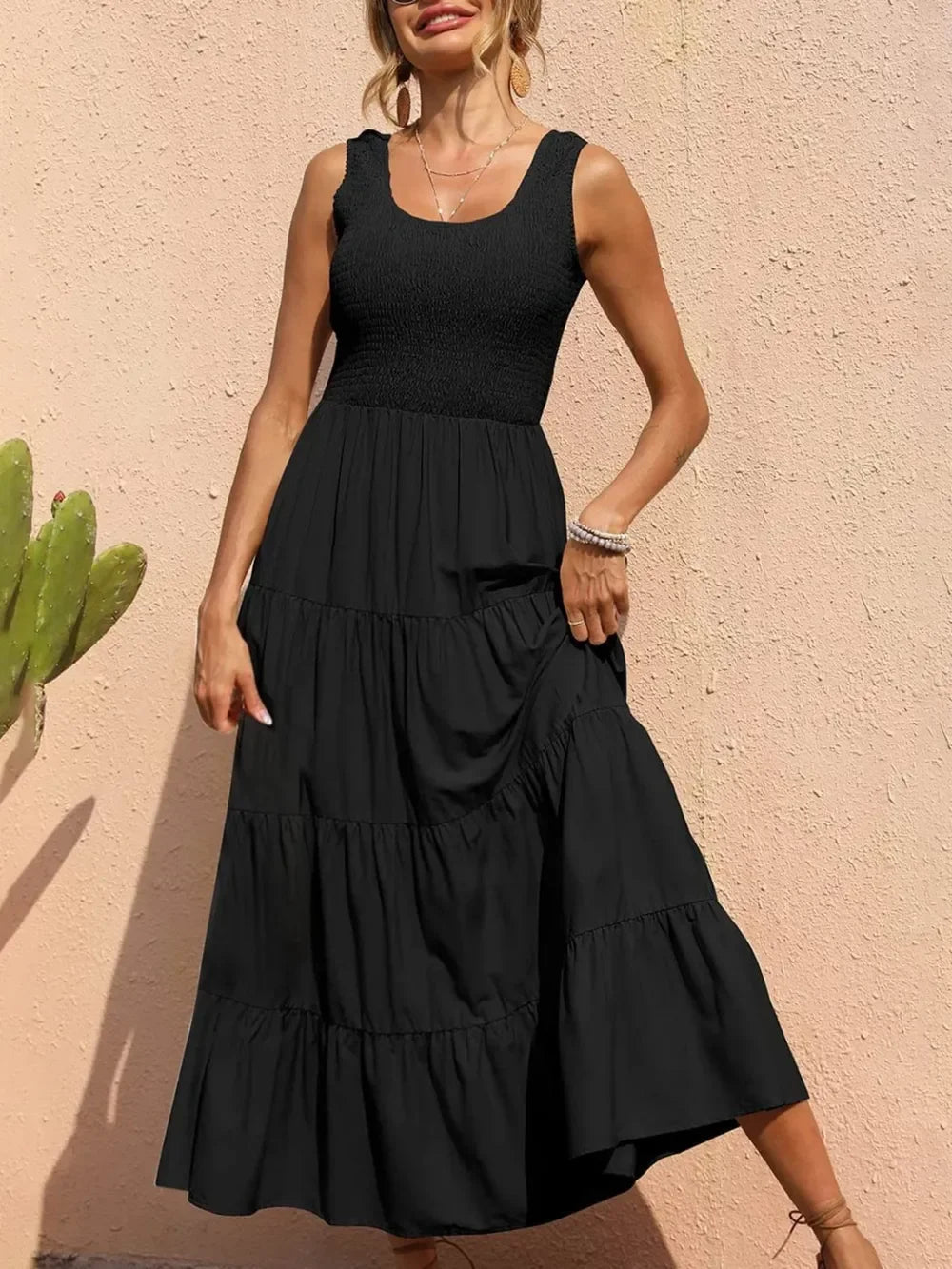 Tiered Maxi Dress - Smocked Polyester Wide Strap Style - minbolu