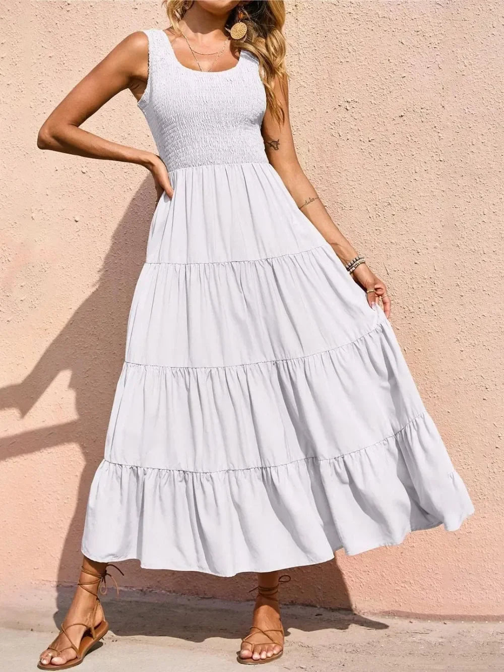 Tiered Maxi Dress - Smocked Polyester Wide Strap Style - minbolu