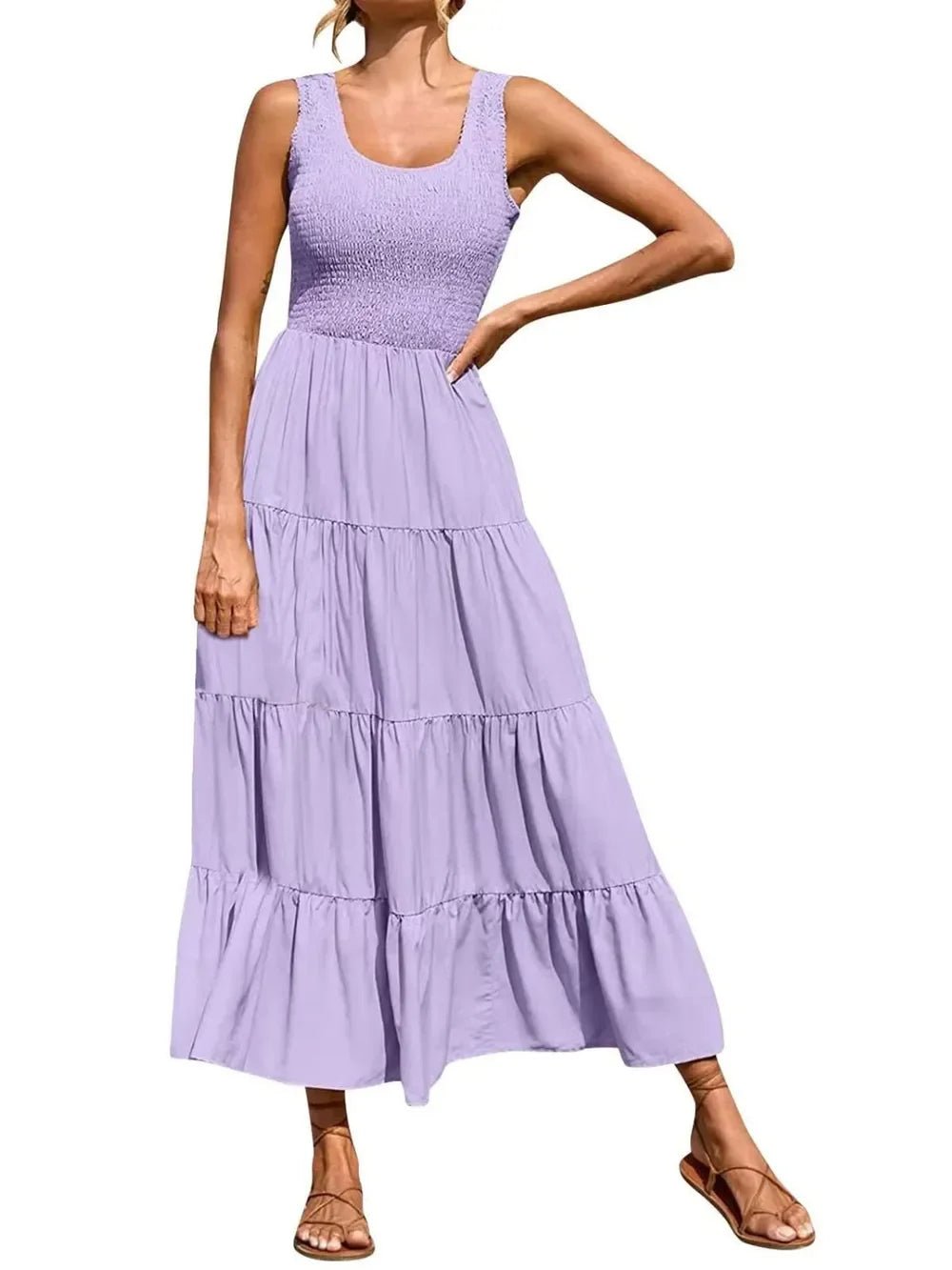 Tiered Maxi Dress - Smocked Polyester Wide Strap Style - minbolu