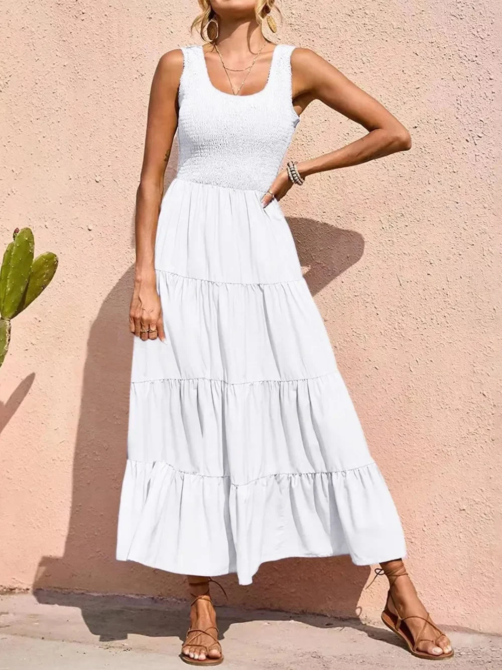 Tiered Maxi Dress - Smocked Polyester Wide Strap Style - minbolu