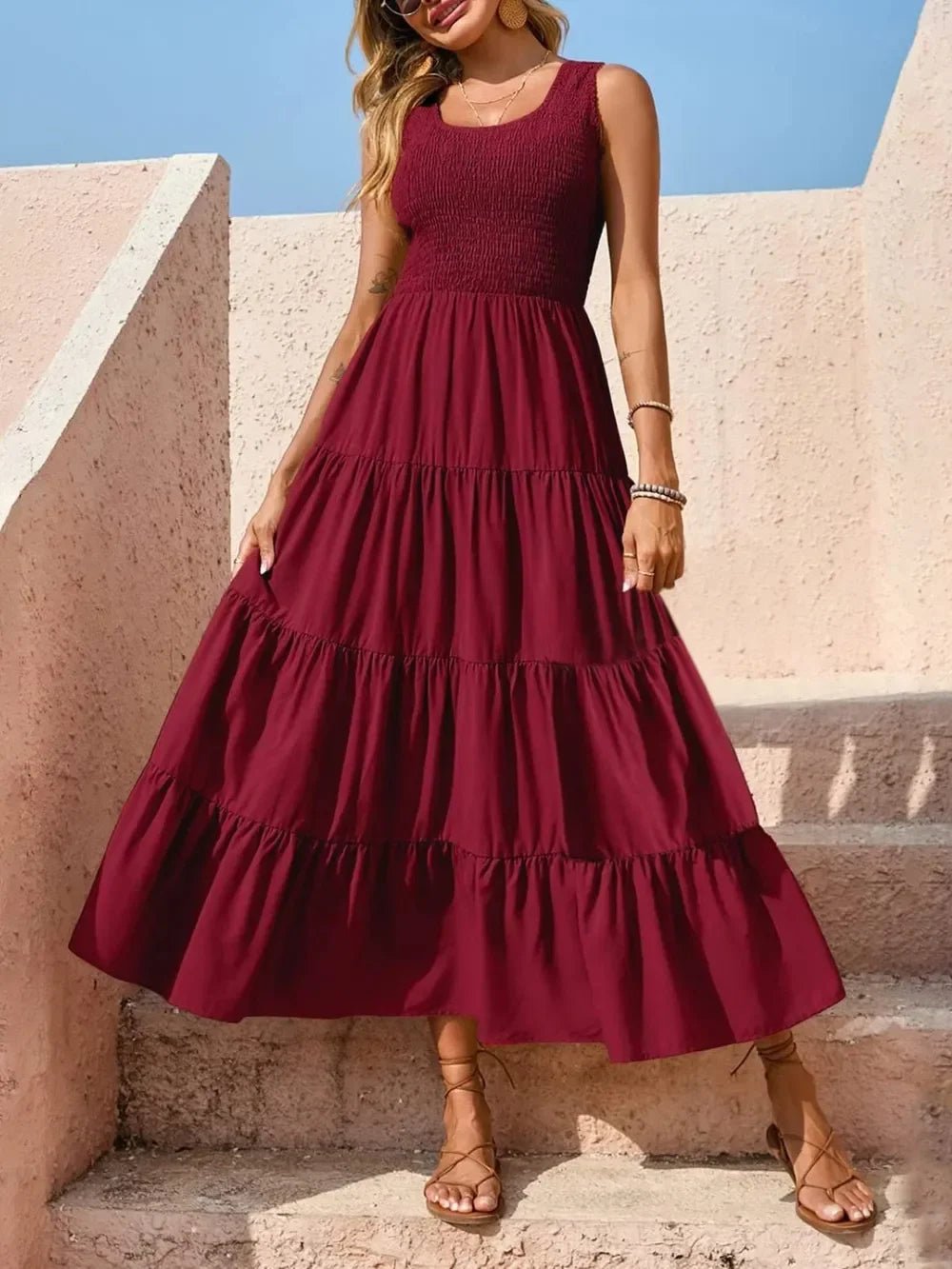 Tiered Maxi Dress - Smocked Polyester Wide Strap Style - minbolu