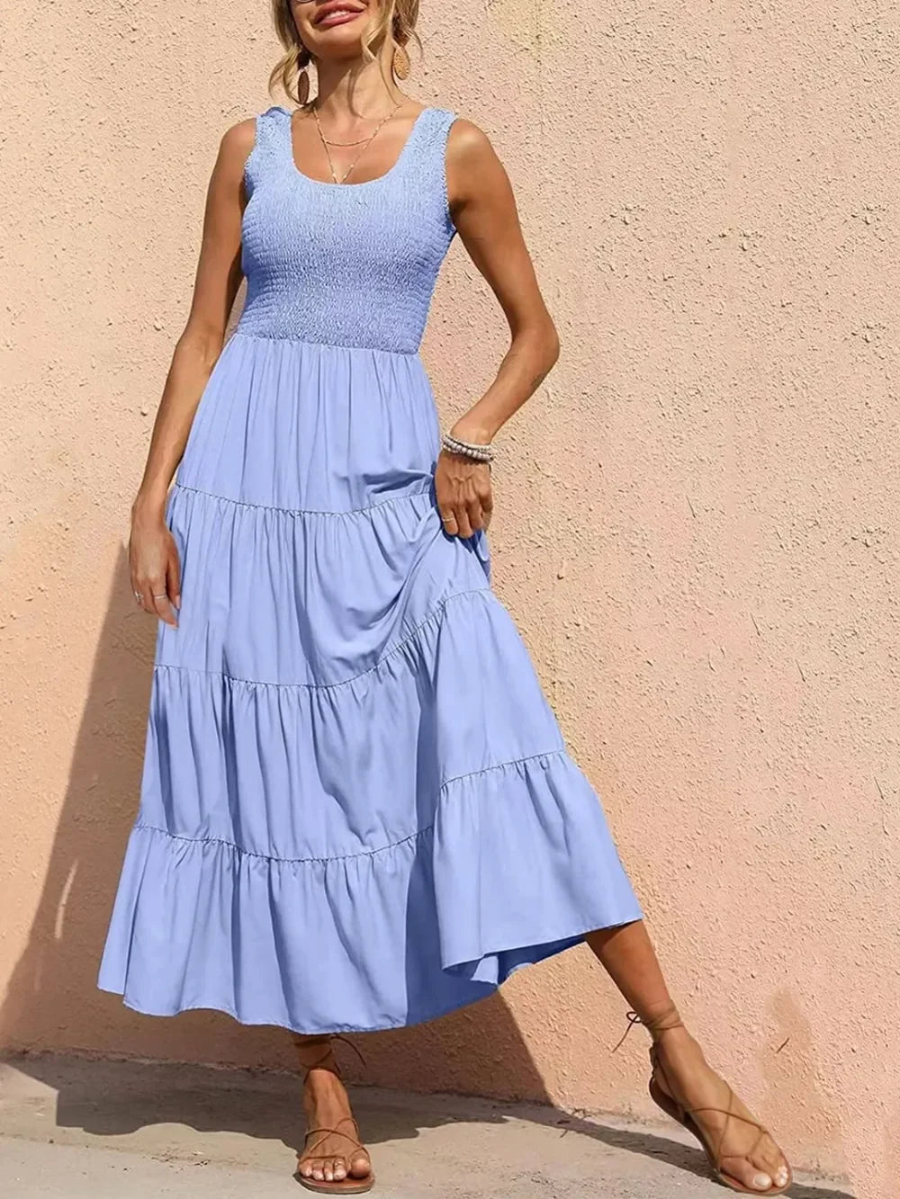 Tiered Maxi Dress - Smocked Polyester Wide Strap Style - minbolu