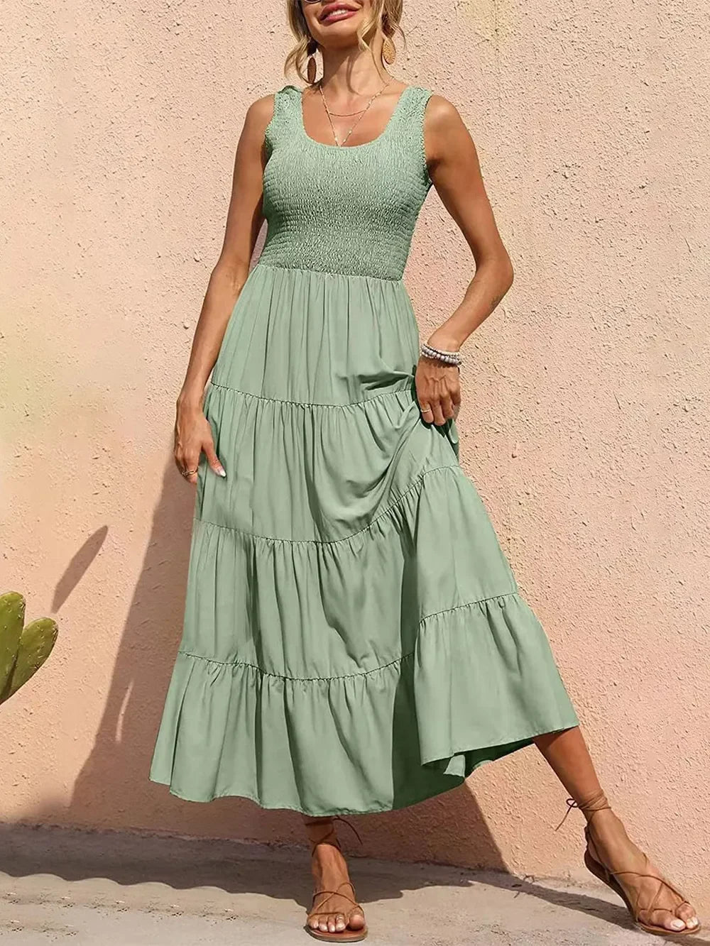 Tiered Maxi Dress - Smocked Polyester Wide Strap Style - minbolu