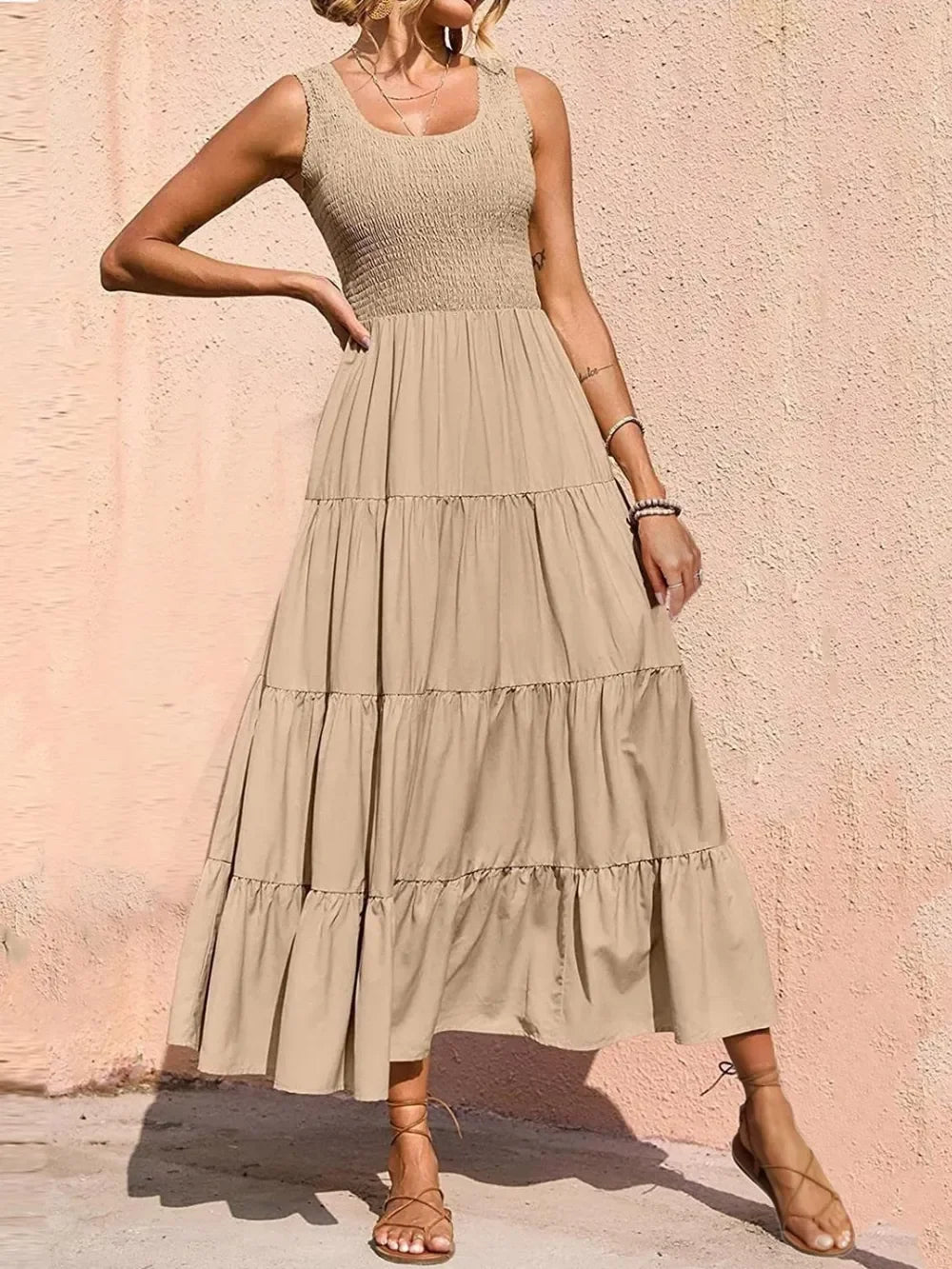 Tiered Maxi Dress - Smocked Polyester Wide Strap Style - minbolu