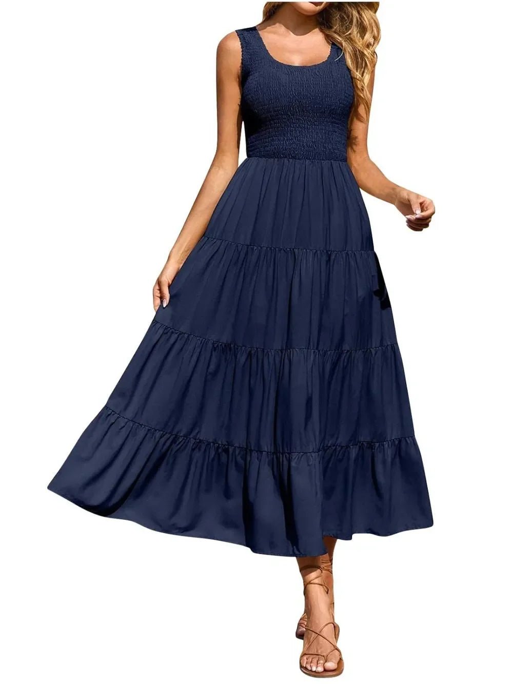 Tiered Maxi Dress - Smocked Polyester Wide Strap Style - minbolu