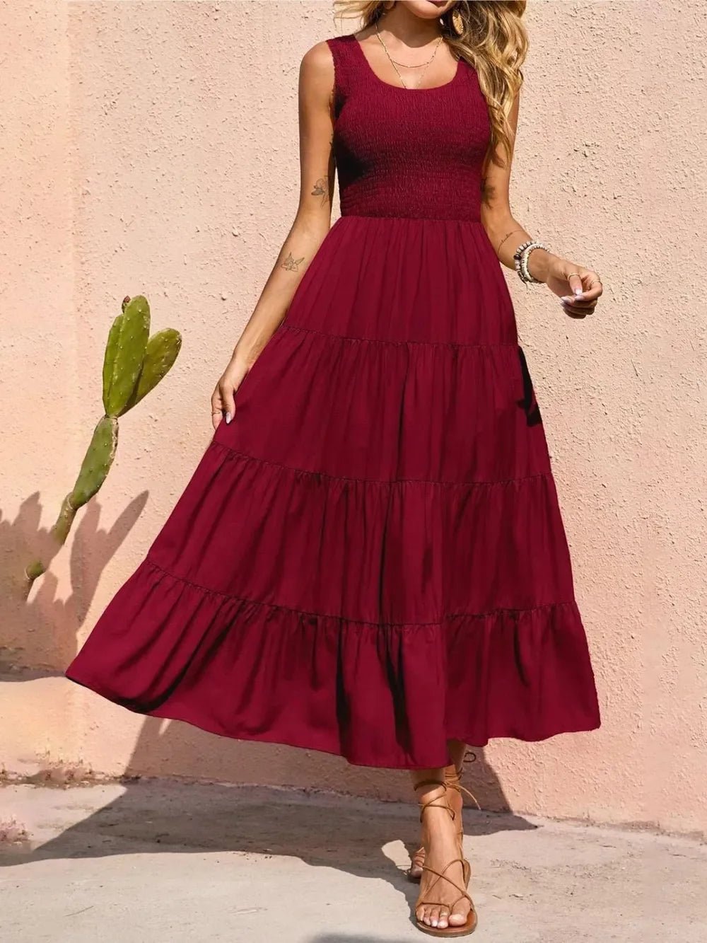 Tiered Maxi Dress - Smocked Polyester Wide Strap Style - minbolu