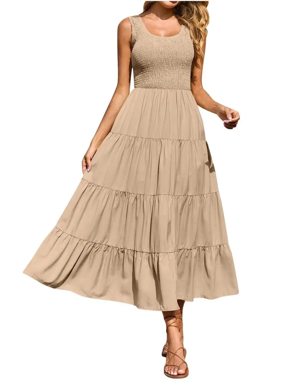 Tiered Maxi Dress - Smocked Polyester Wide Strap Style - minbolu