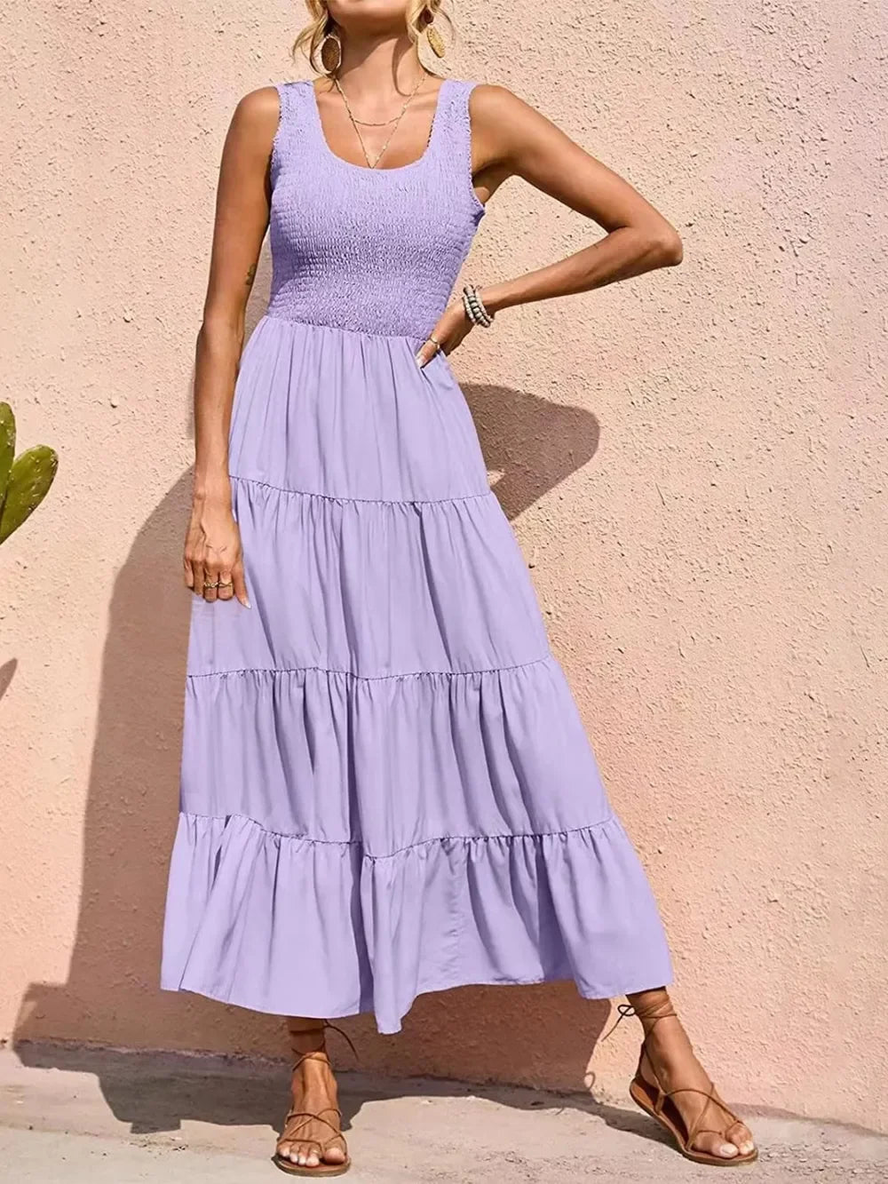 Tiered Maxi Dress - Smocked Polyester Wide Strap Style - minbolu