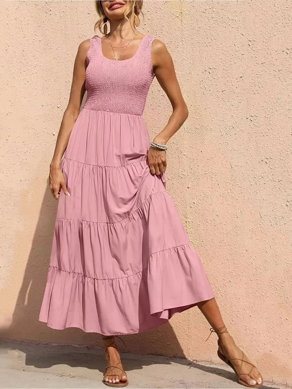 Tiered Maxi Dress - Smocked Polyester Wide Strap Style - minbolu