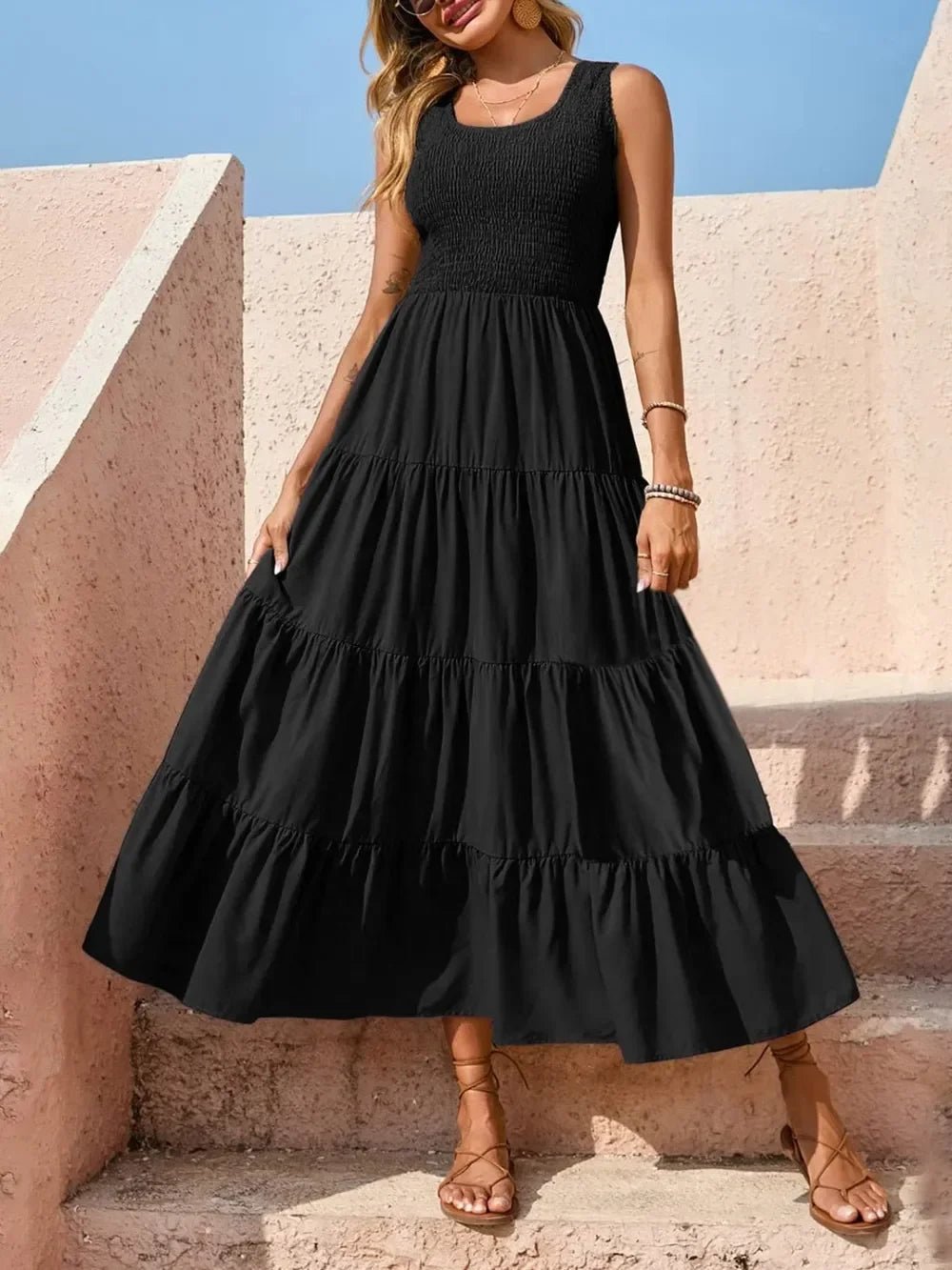 Tiered Maxi Dress - Smocked Polyester Wide Strap Style - minbolu