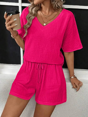V-Neck Half Sleeve Top and Shorts Set - minbolu -