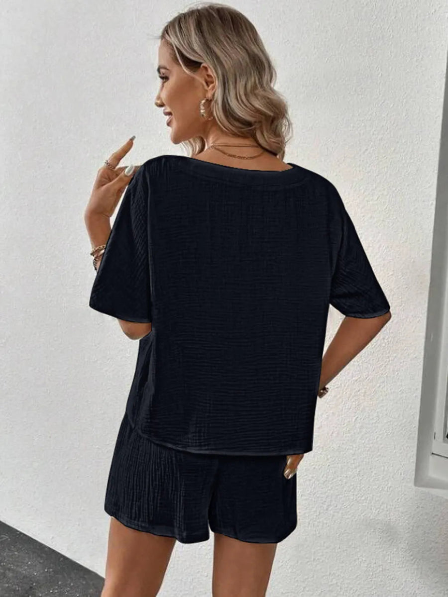 V-Neck Half Sleeve Top and Shorts Set - minbolu -