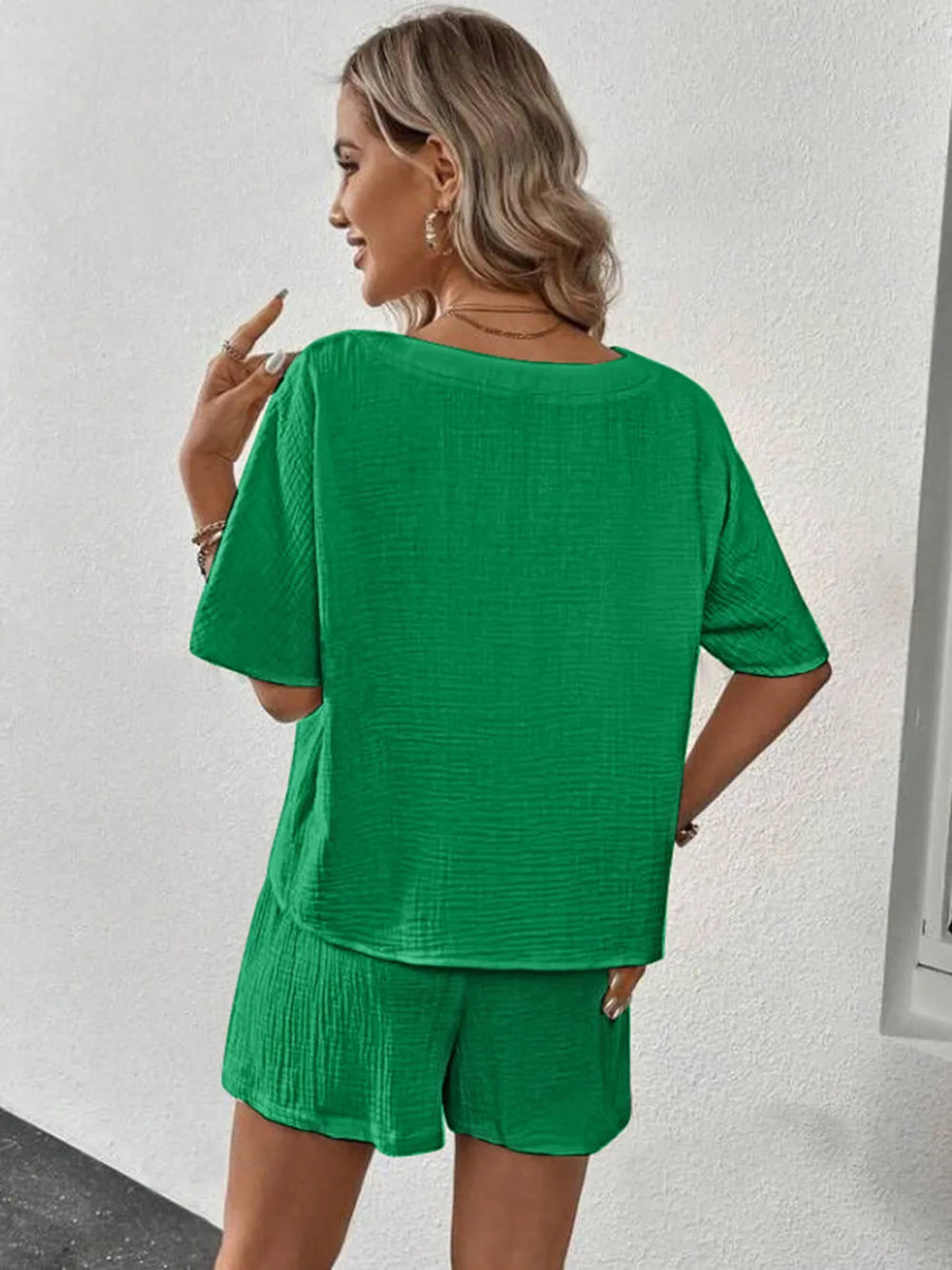 V-Neck Half Sleeve Top and Shorts Set - minbolu -