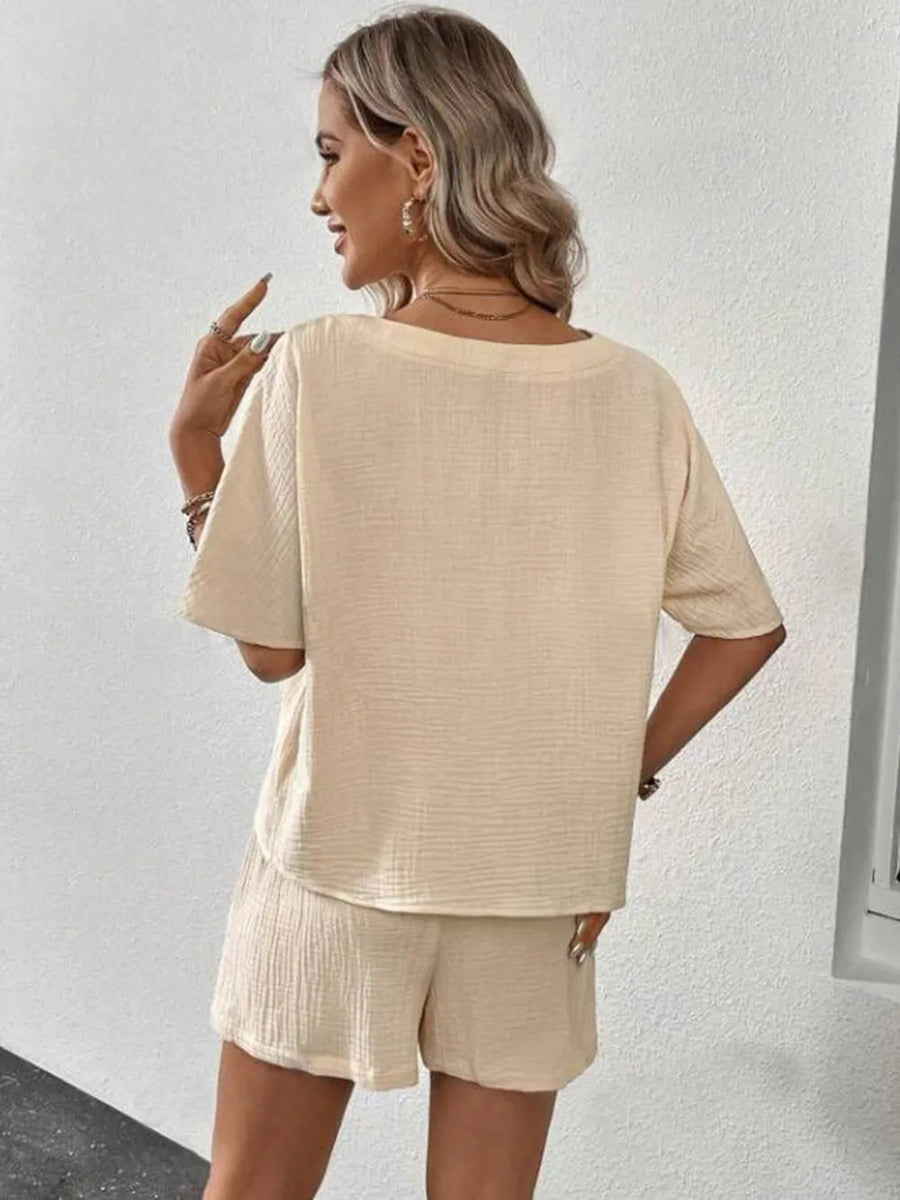 V-Neck Half Sleeve Top and Shorts Set - minbolu -